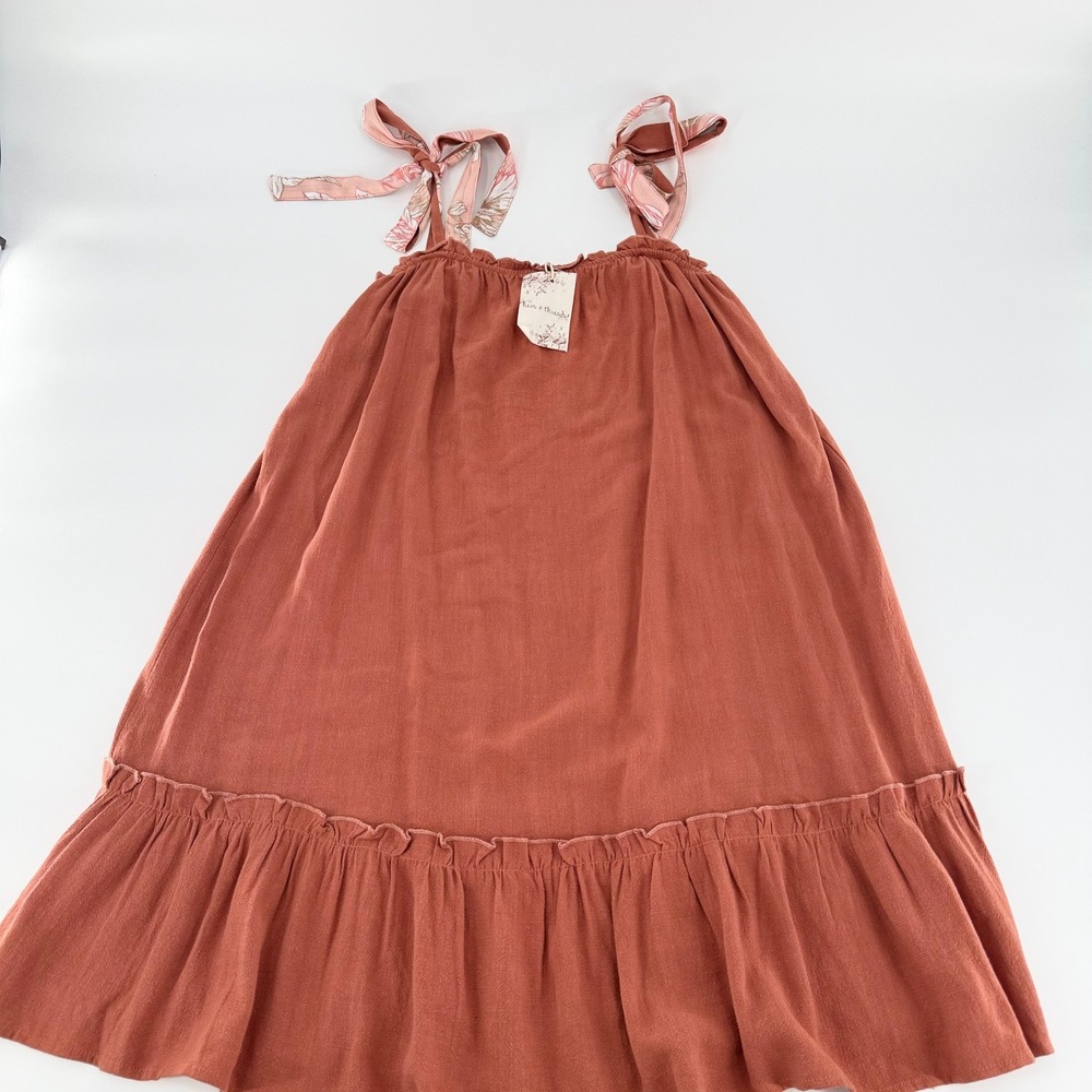 HEM & THREAD Linen Blend Tie Strap Ruffle Mini Dress Rust Large New With Tags - Picture 4 of 11